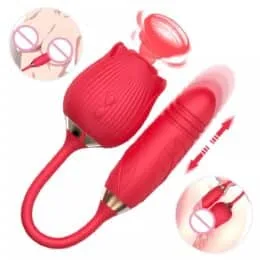 Vibrador Vai e Vem com Sugador Formato de Rosa (Vermelho)