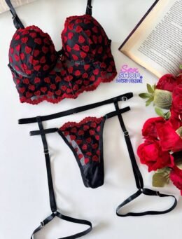 Conjunto Lingerie Cropped Coração com Liga