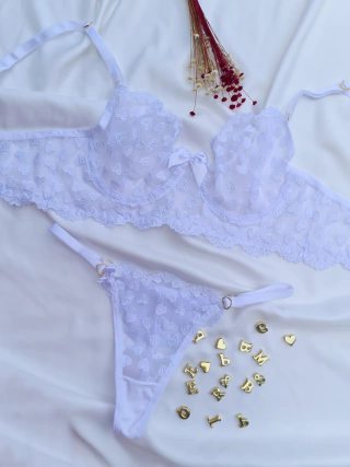 Conjunto Lingerie Personalizável Coração com Aro Tule Branco