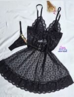Camisola Preta de Tule e Renda Calcinha Fio Duplo Personalizável