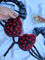 Conjunto Lingerie Coração com Bojo, Meia e Tule - Imagem 2
